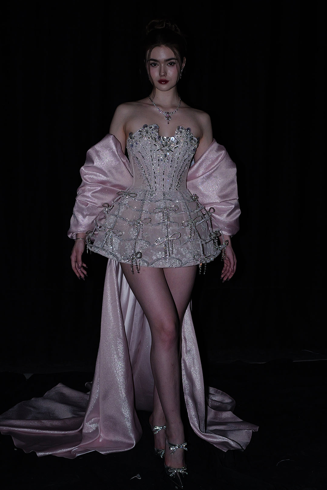 Short A-Line Dress with Sequinned Bodice and Cape