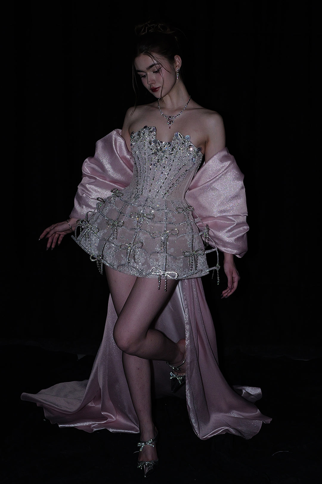 Short A-Line Dress with Sequinned Bodice and Cape