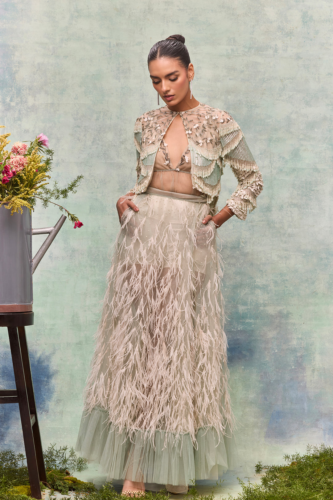 A-Line Floor-Length Ensemble with Beadwork and Overlay