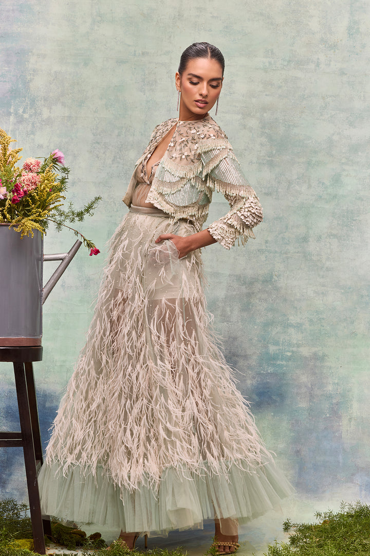 A-Line Floor-Length Ensemble with Beadwork and Overlay