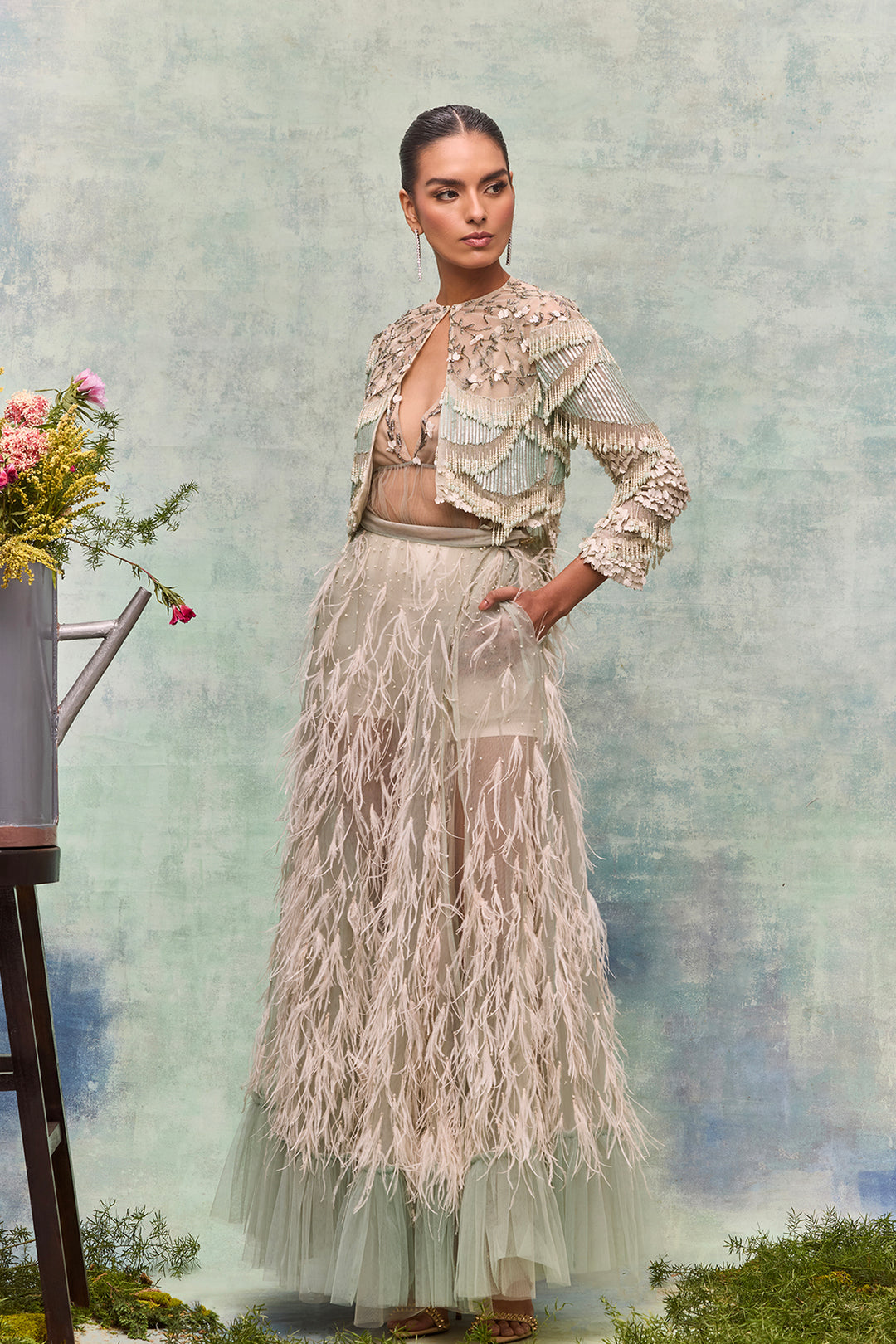 A-Line Floor-Length Ensemble with Beadwork and Overlay