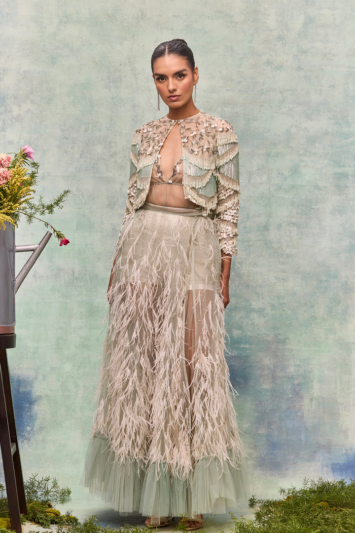 A-Line Floor-Length Ensemble with Beadwork and Overlay