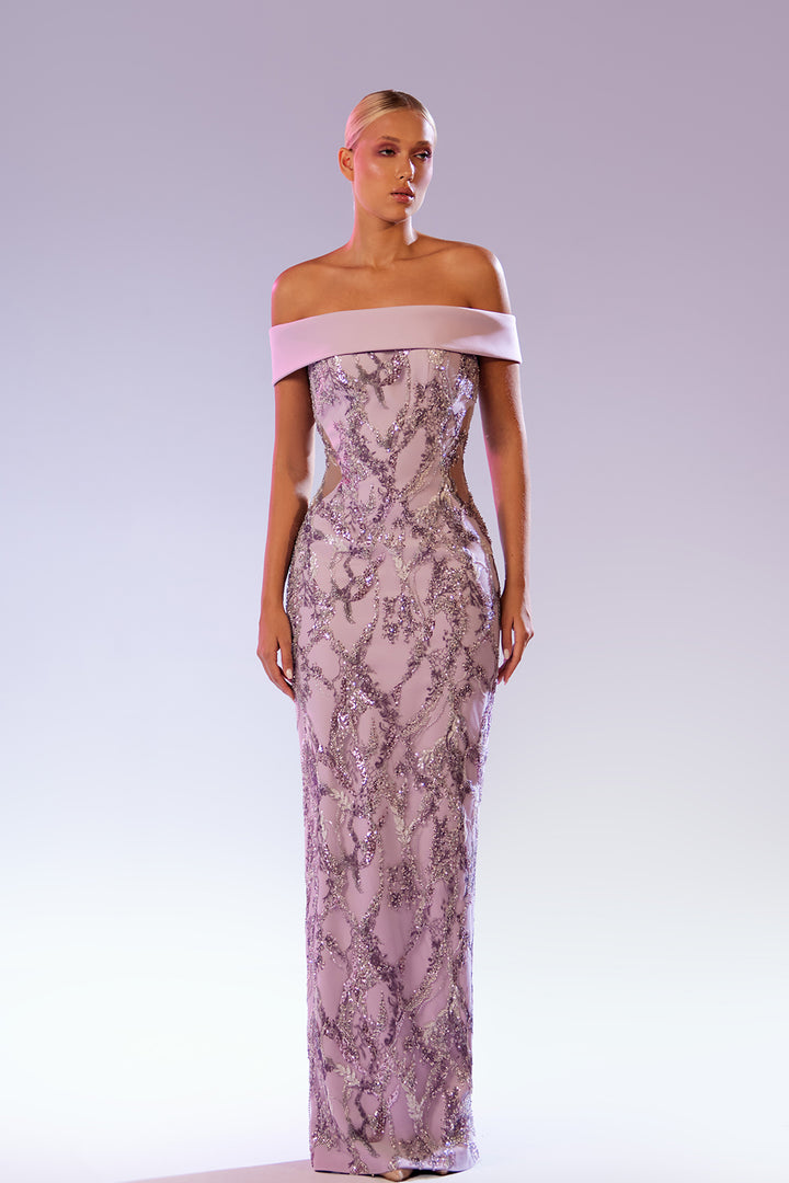 Embroidered Crepe Dress with Off-The-Shoulder Neckline