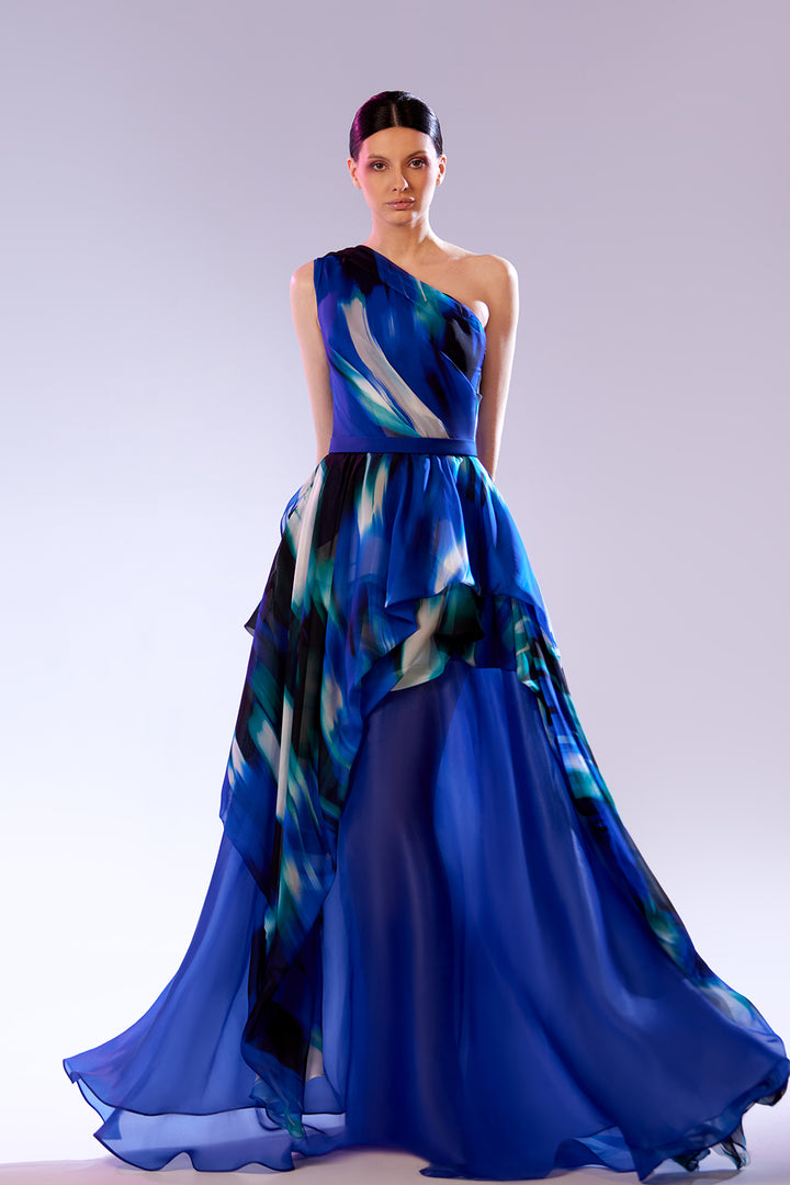 One-Shoulder Neckline Organza Printed Dress