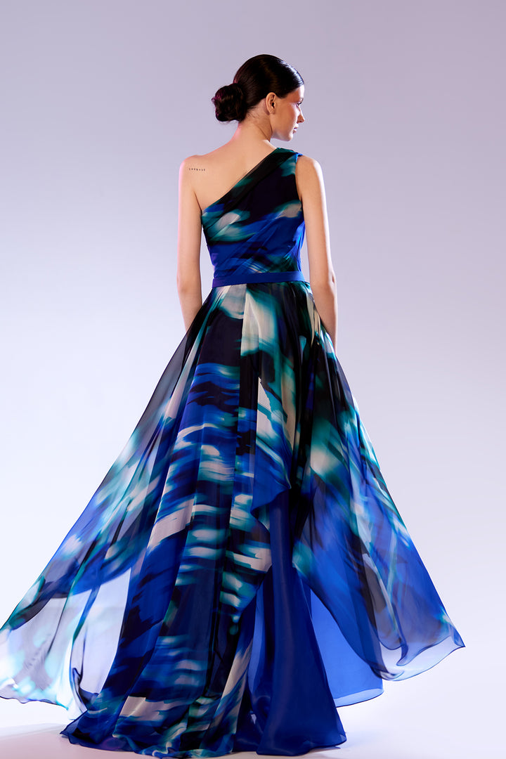 One-Shoulder Neckline Organza Printed Dress