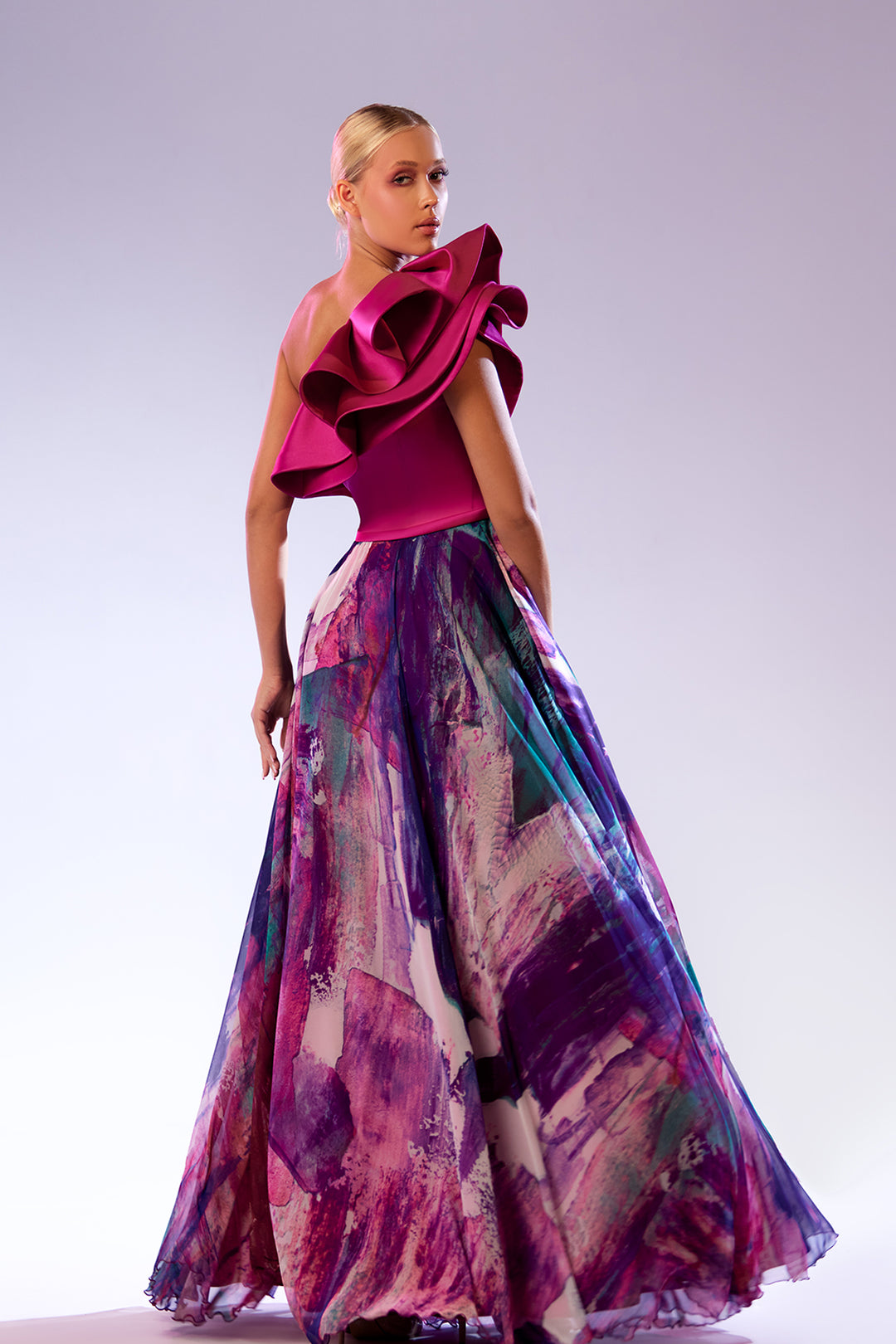 Printed Organza Dress with One-Sleeve Ruffles