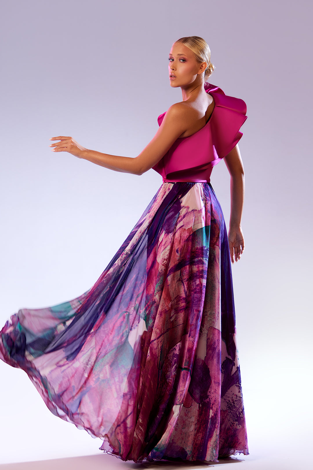 Printed Organza Dress with One-Sleeve Ruffles