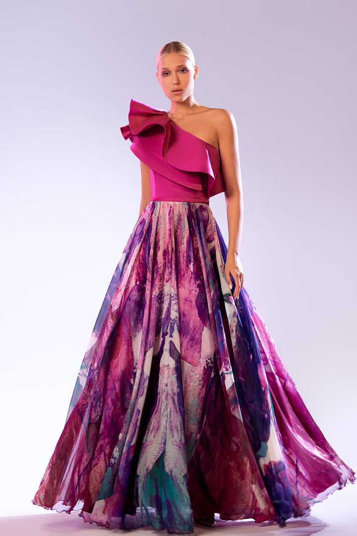 Printed Organza Dress with One-Sleeve Ruffles