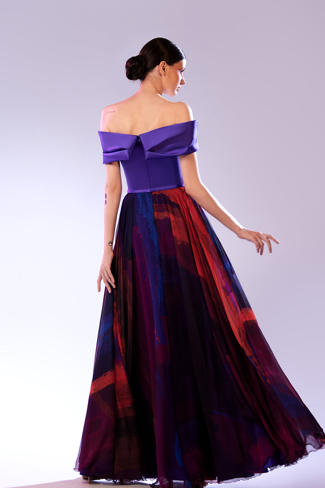 Off-The-Shoulder Neckline with Printed A-line Dress