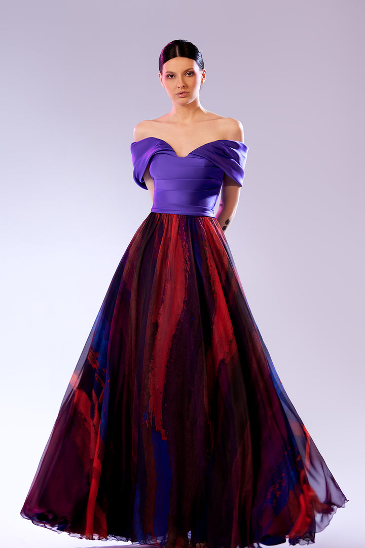 Off-The-Shoulder Neckline with Printed A-line Dress