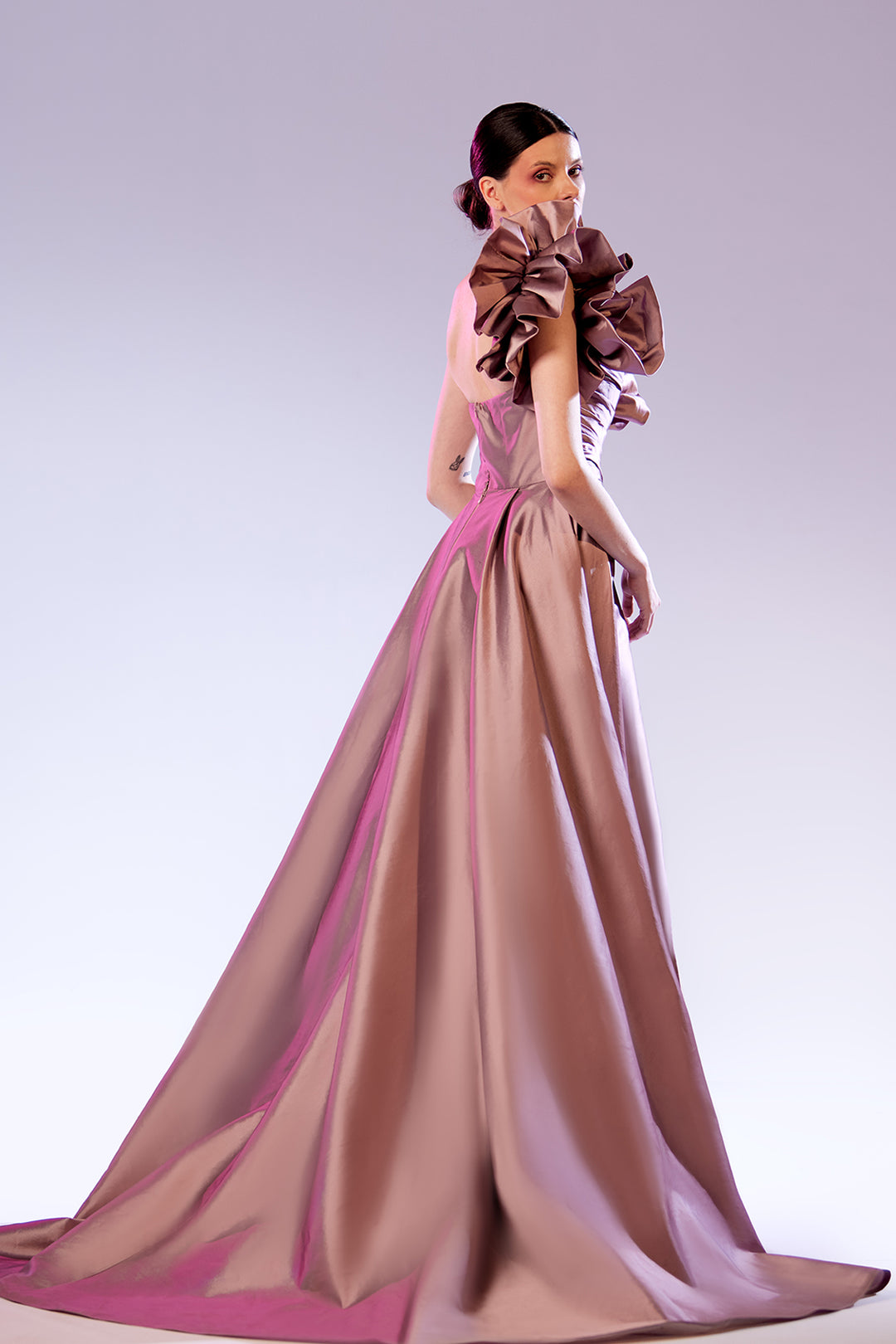 Ruffled One-Shoulder Sleeves with Taffeta Dress