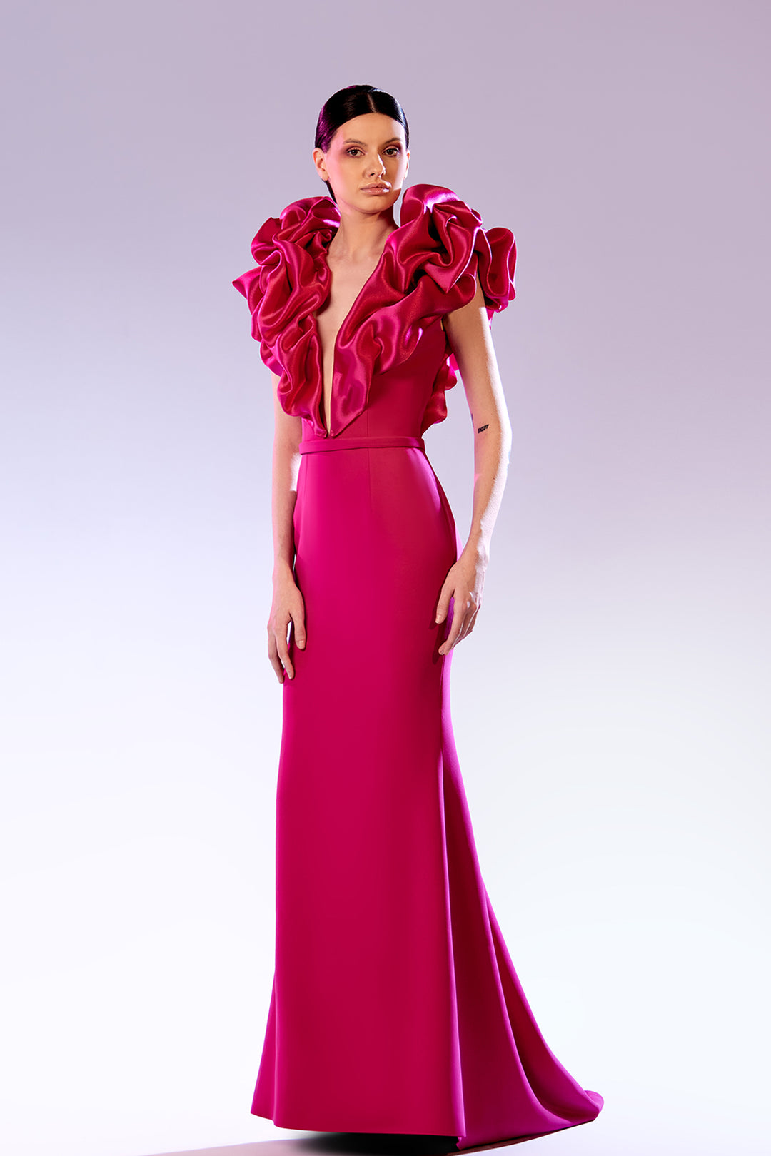 Crepe Long Dress with Organza Puff Sleeves