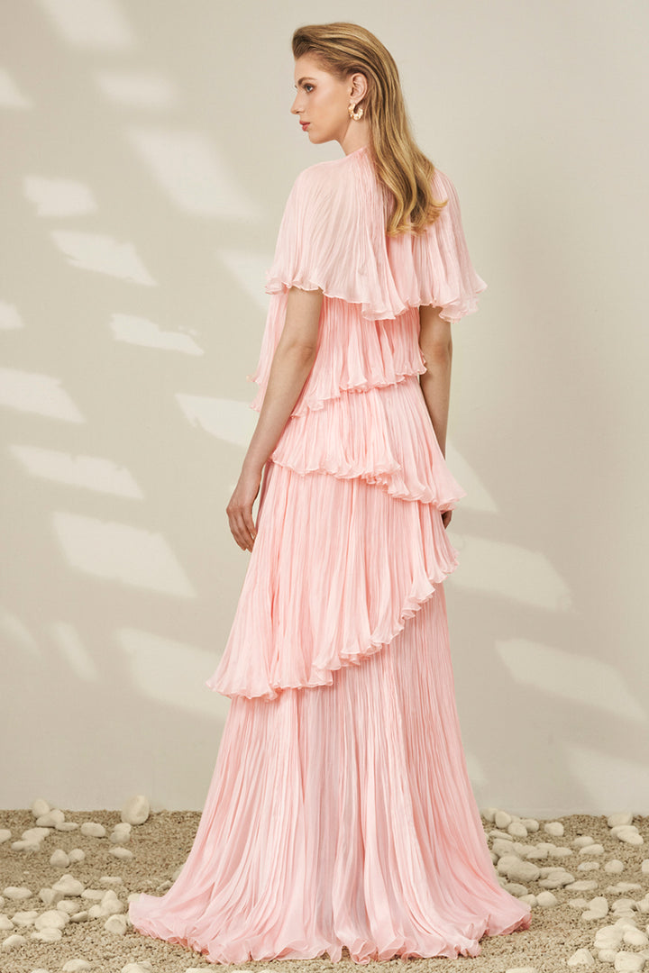Asymmetrical Tiered with Ruffled Pleated Chiffon Dress