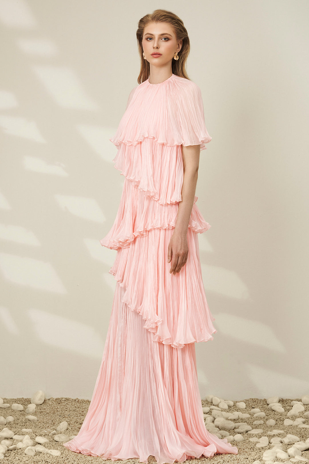 Asymmetrical Tiered with Ruffled Pleated Chiffon Dress