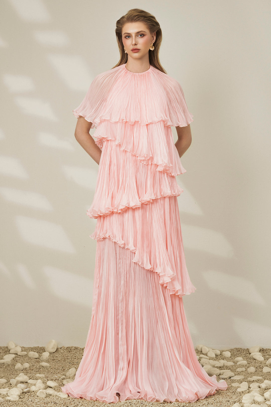 Asymmetrical Tiered with Ruffled Pleated Chiffon Dress