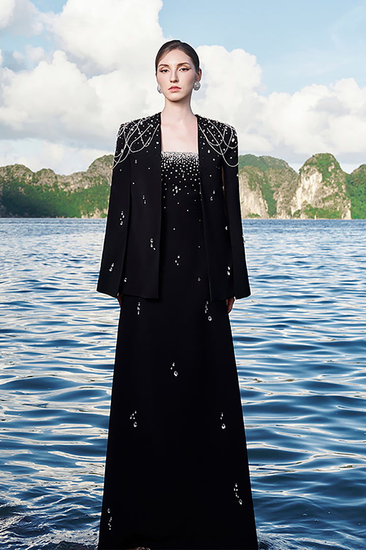 Velvet Satin Dress with Crystal Cape