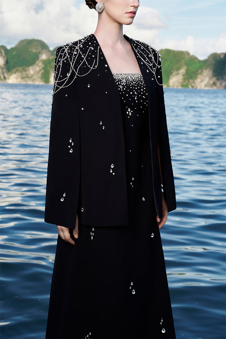 Velvet Satin Dress with Crystal Cape