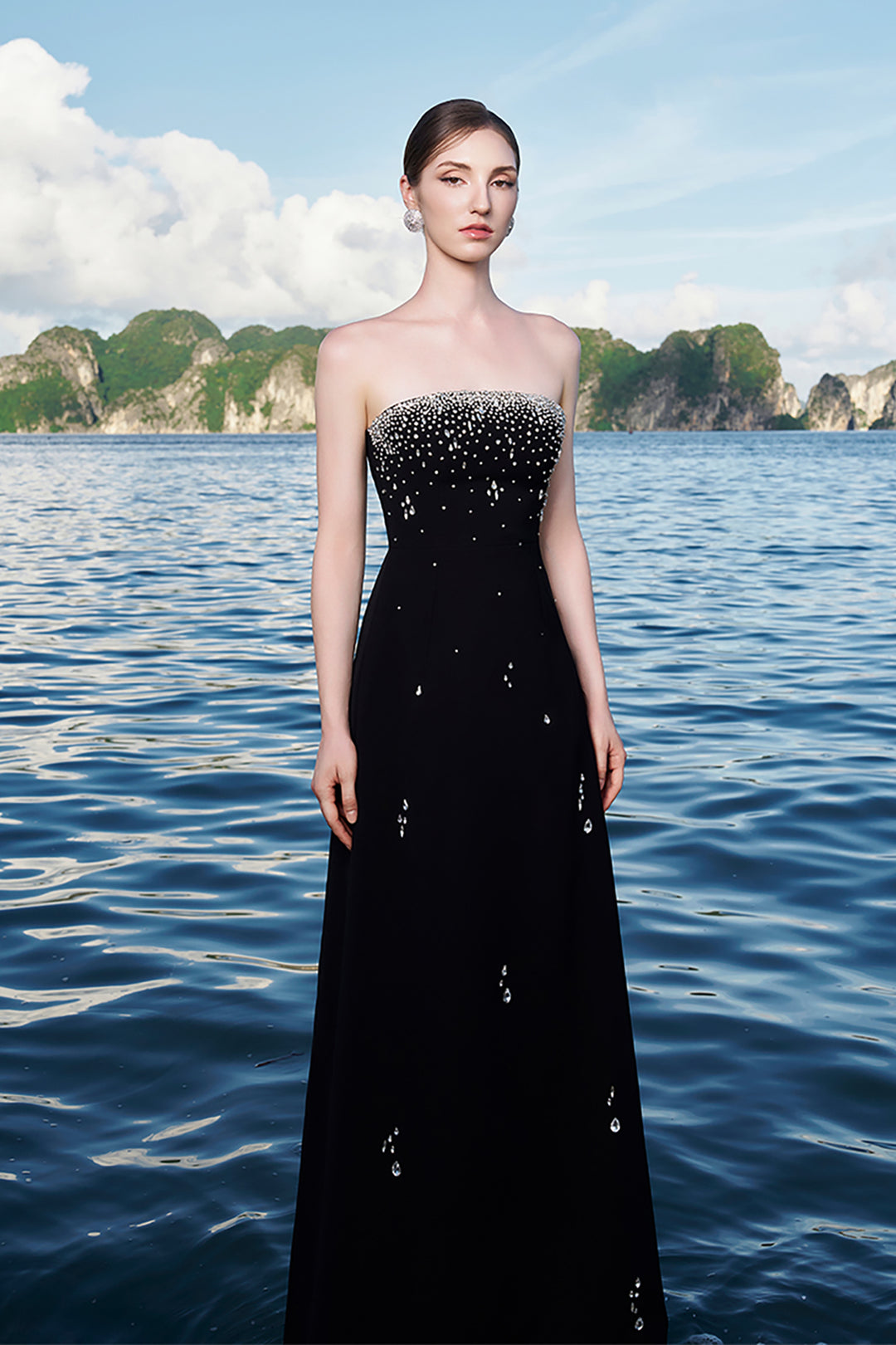 Velvet Satin Dress with Crystal Cape