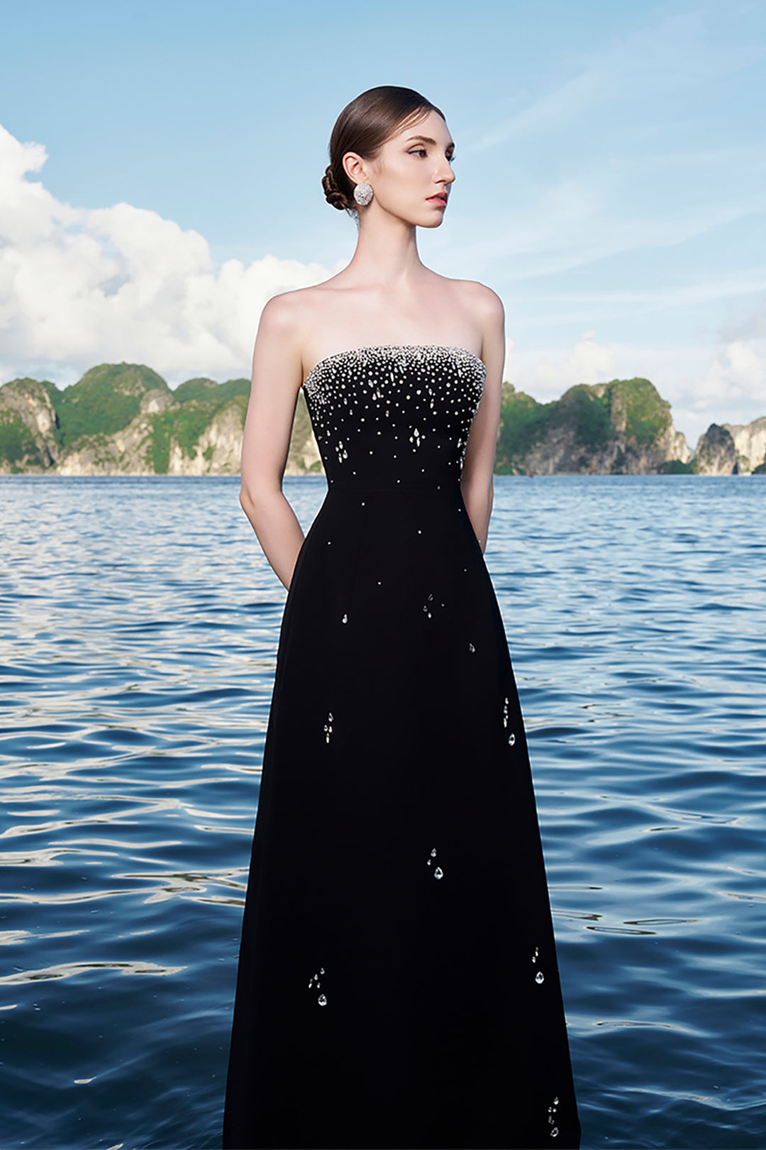 Velvet Satin Dress with Crystal Cape