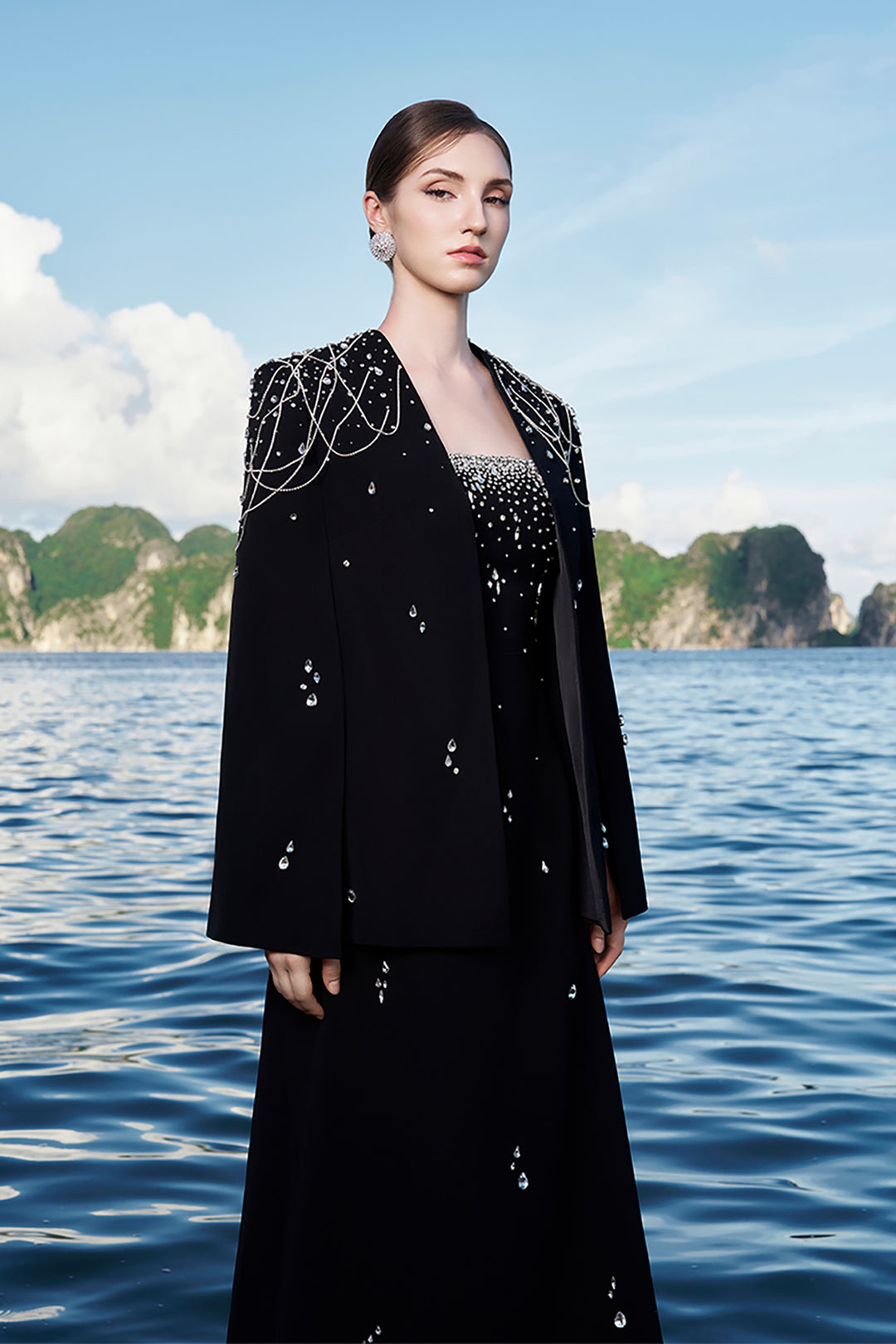 Velvet Satin Dress with Crystal Cape