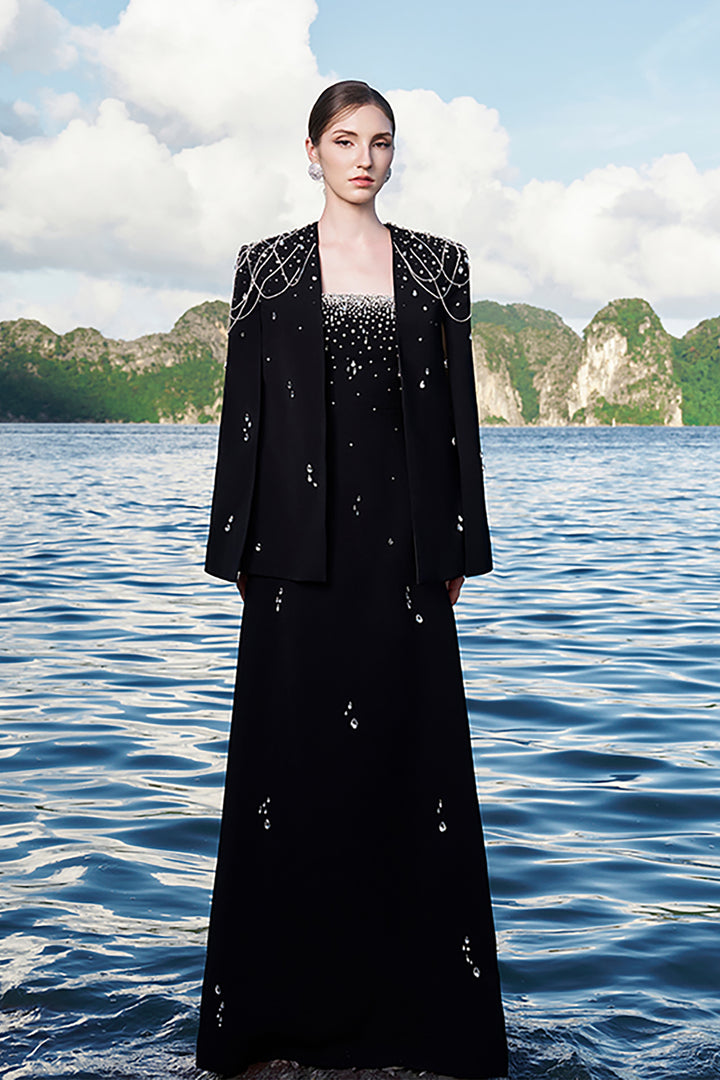 Velvet Satin Dress with Crystal Cape