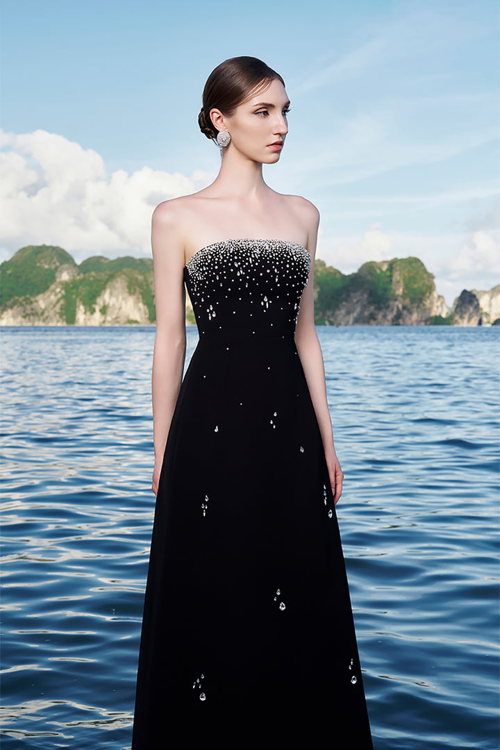 Velvet Satin Dress with Crystal Cape