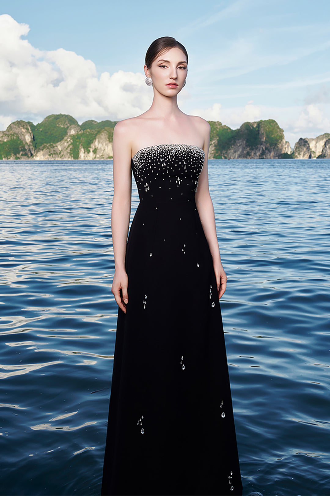 Velvet Satin Dress with Crystal Cape