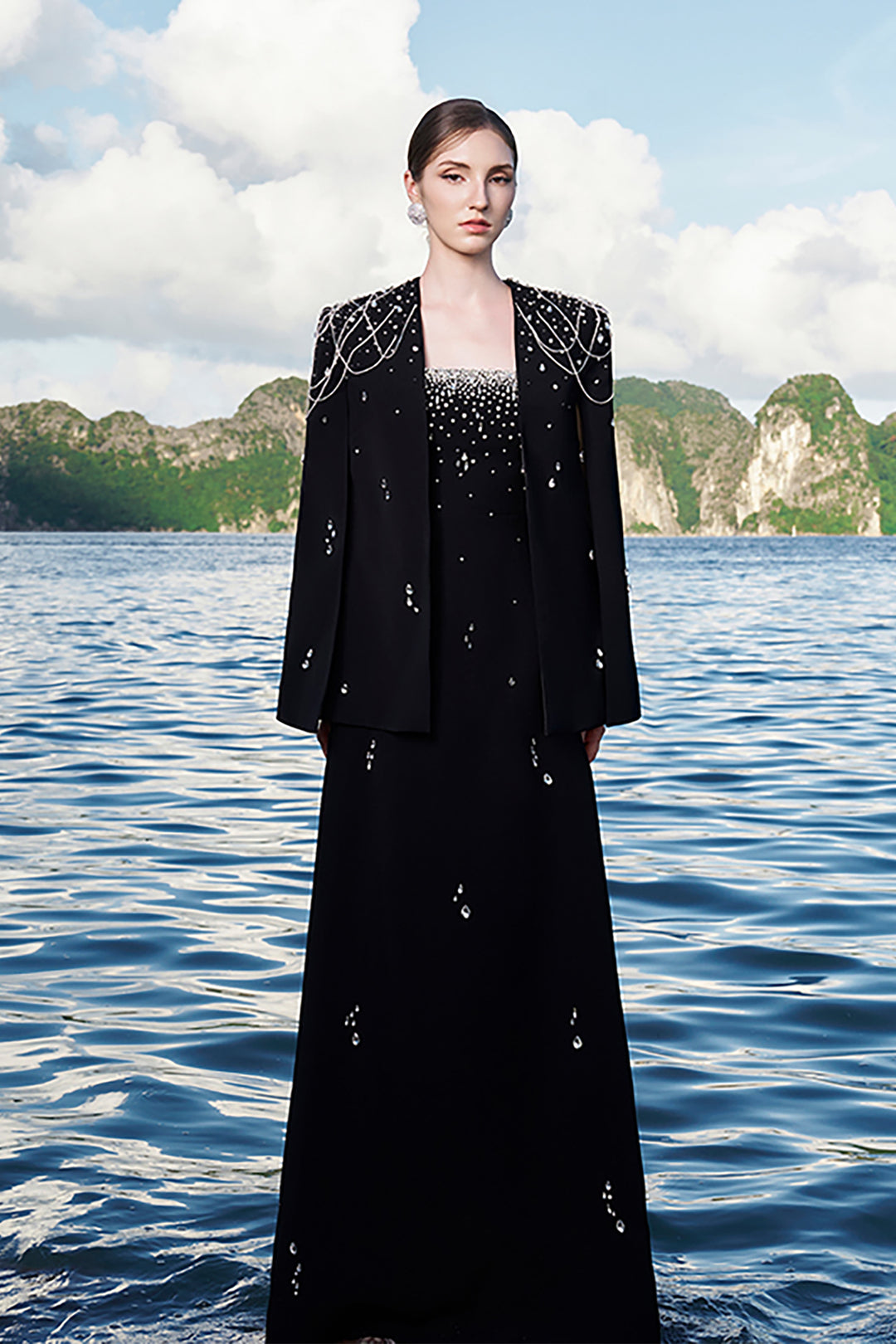 Velvet Satin Dress with Crystal Cape