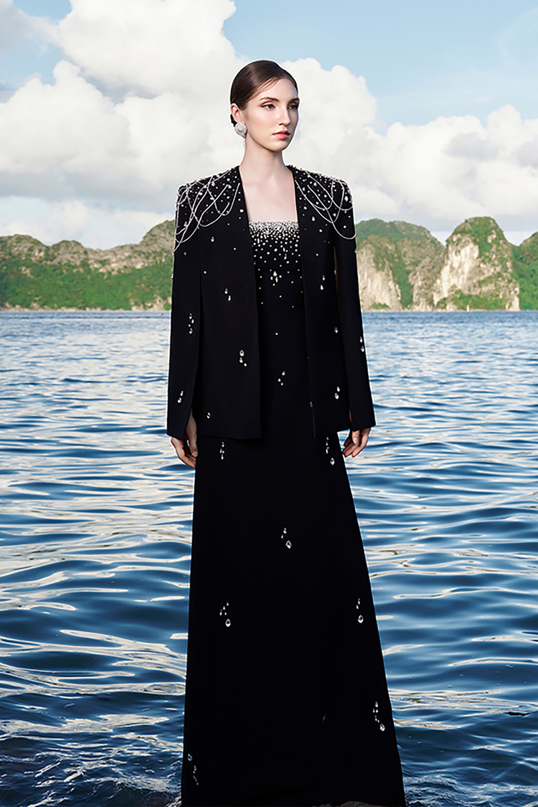 Velvet Satin Dress with Crystal Cape