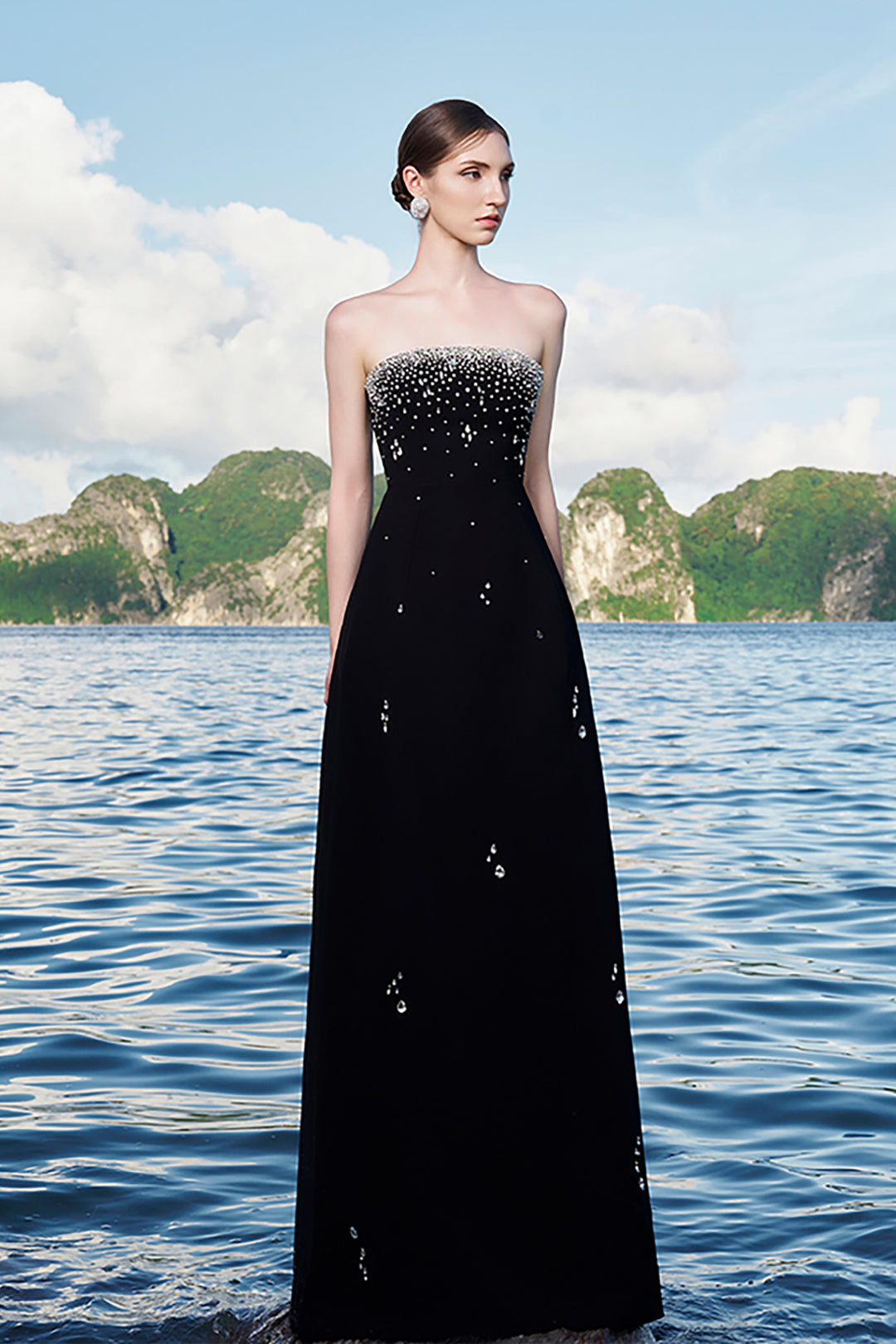 Velvet Satin Dress with Crystal Cape