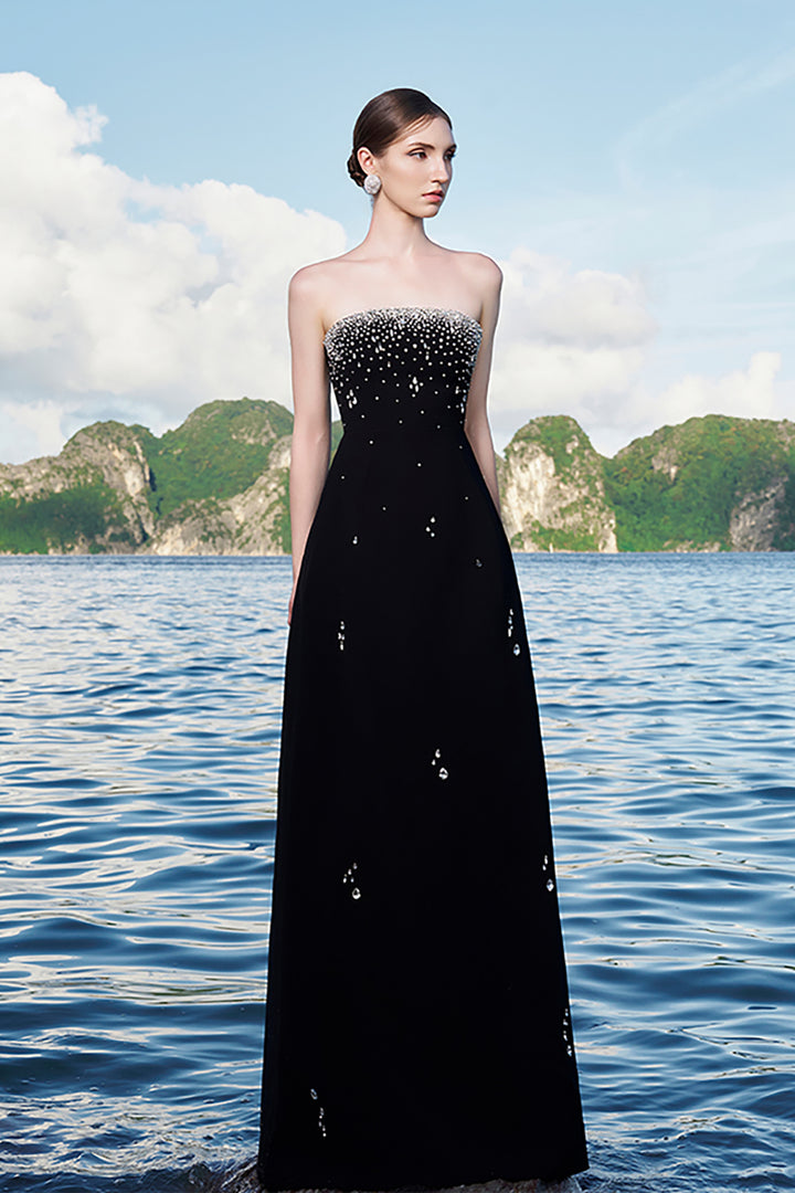 Velvet Satin Dress with Crystal Cape