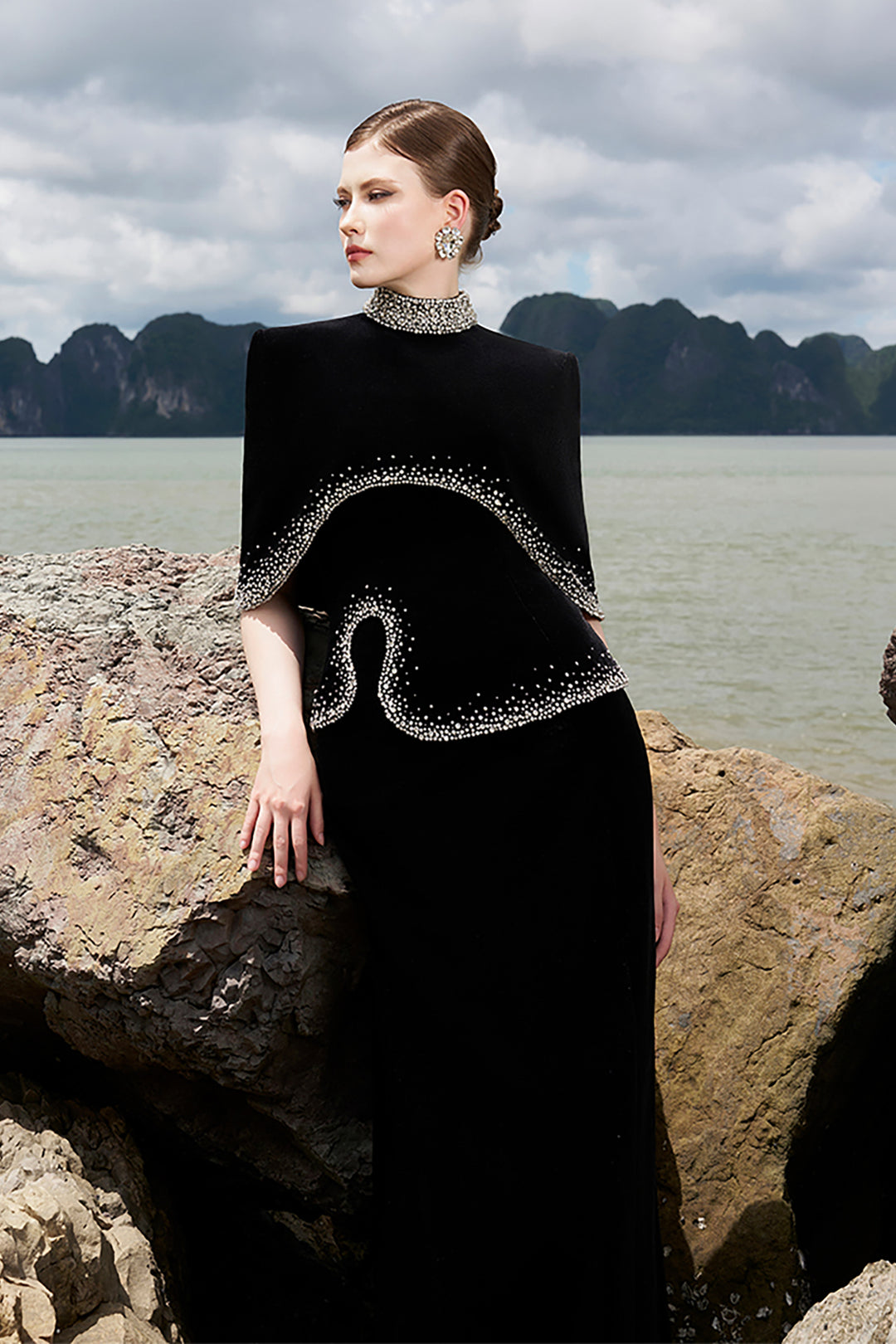 Velvet Cape Dress with Crystals