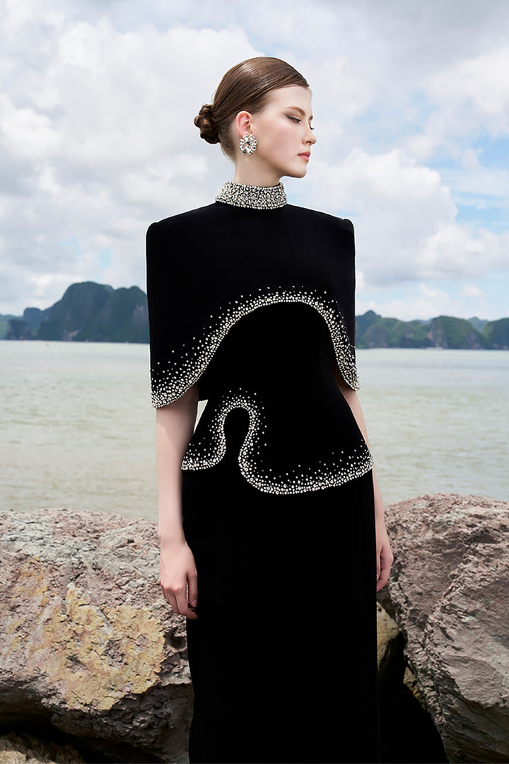Velvet Cape Dress with Crystals