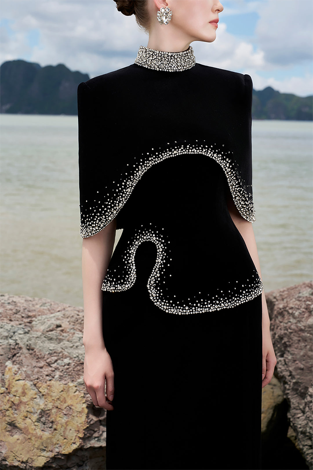 Velvet Cape Dress with Crystals