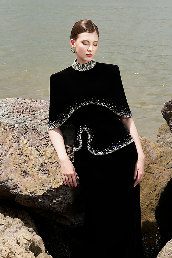 Velvet Cape Dress with Crystals