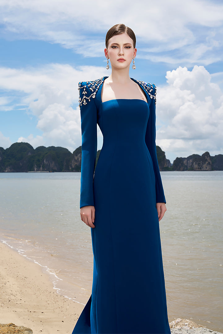 Crepe Bodycon Dress with Embellished Shoulders