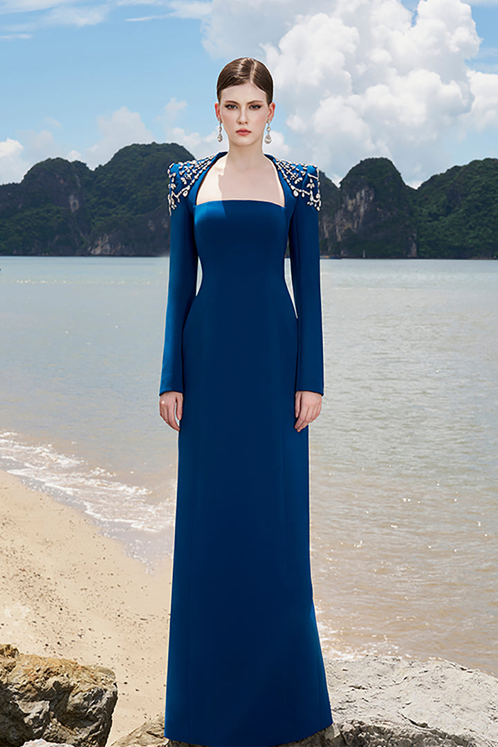 Crepe Bodycon Dress with Embellished Shoulders