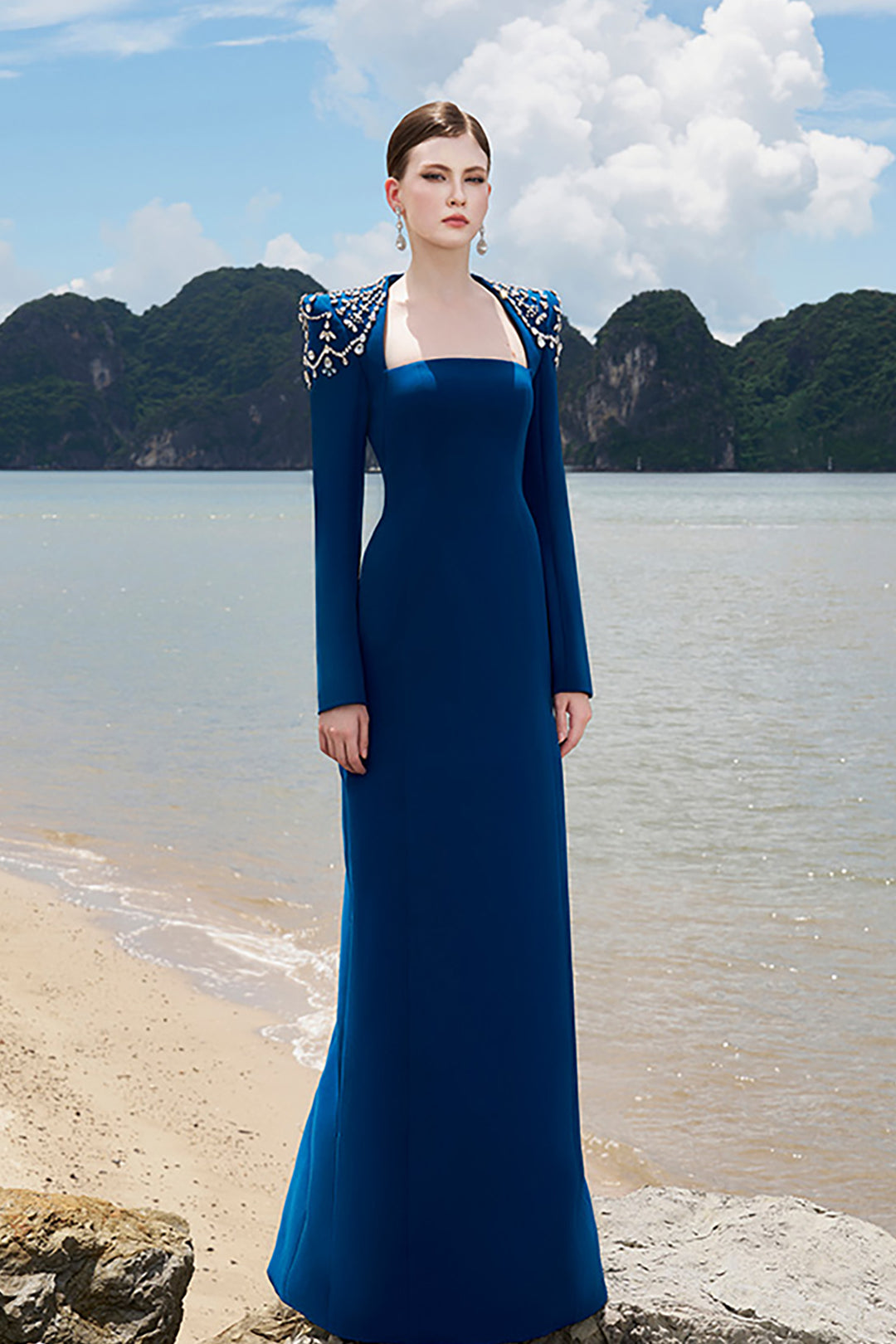 Crepe Bodycon Dress with Embellished Shoulders