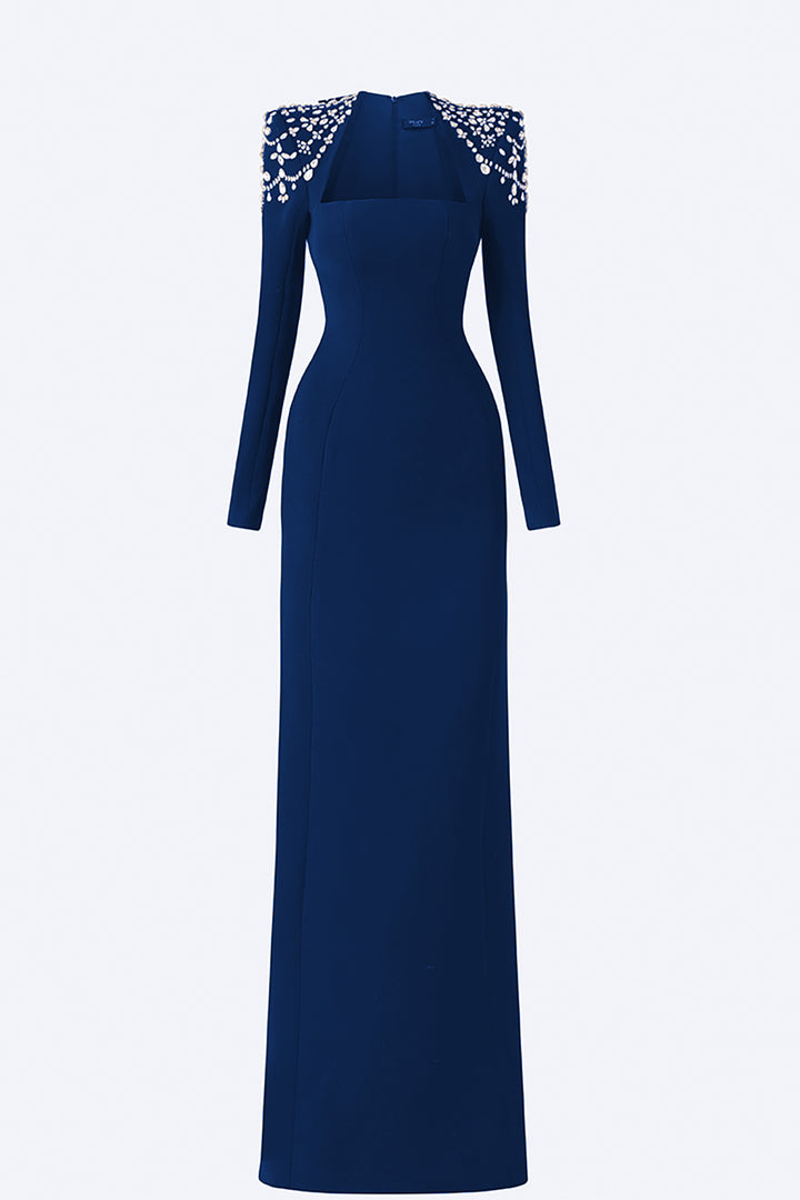 Crepe Bodycon Dress with Embellished Shoulders