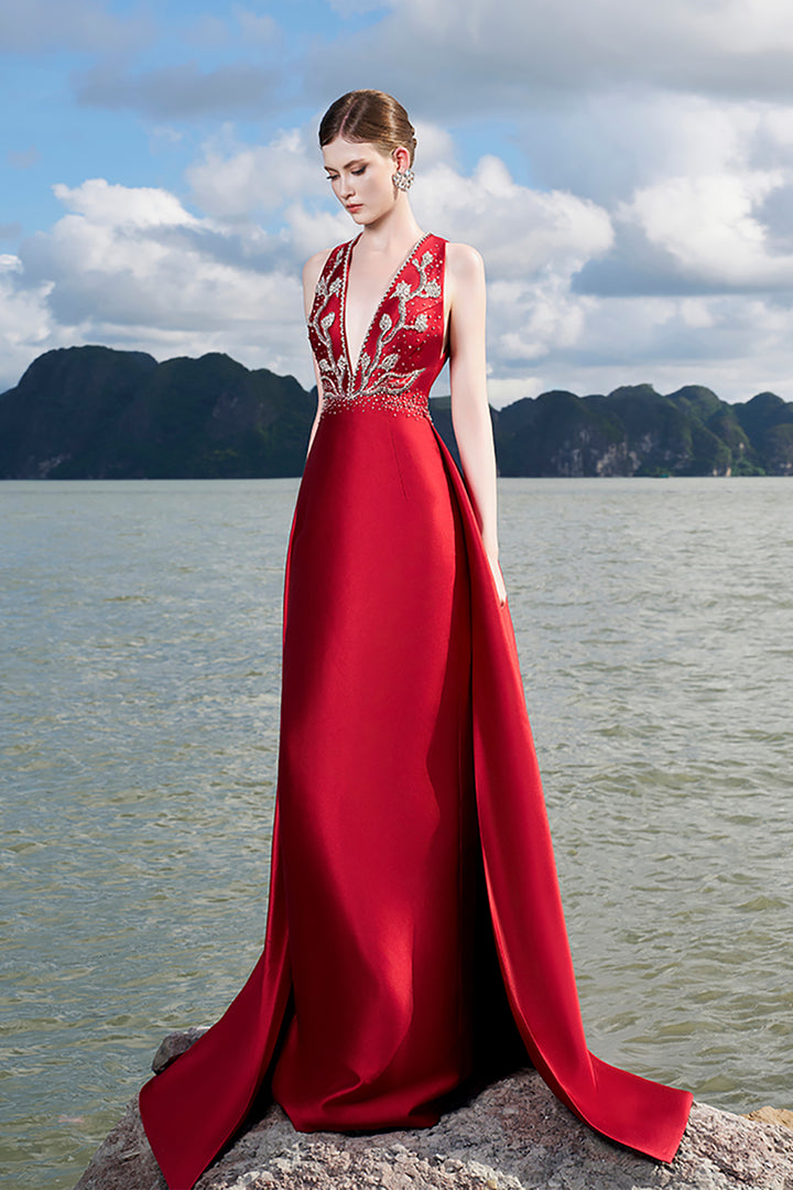 Taffeta Sleeveless Dress with Crystals