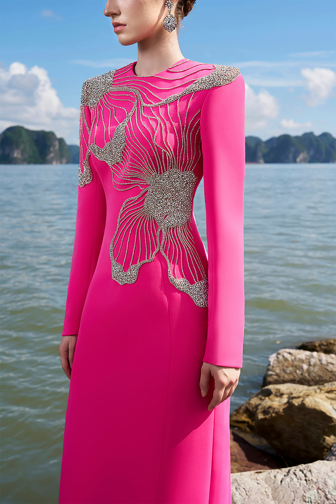 Velvet Satin Dress with Crystals