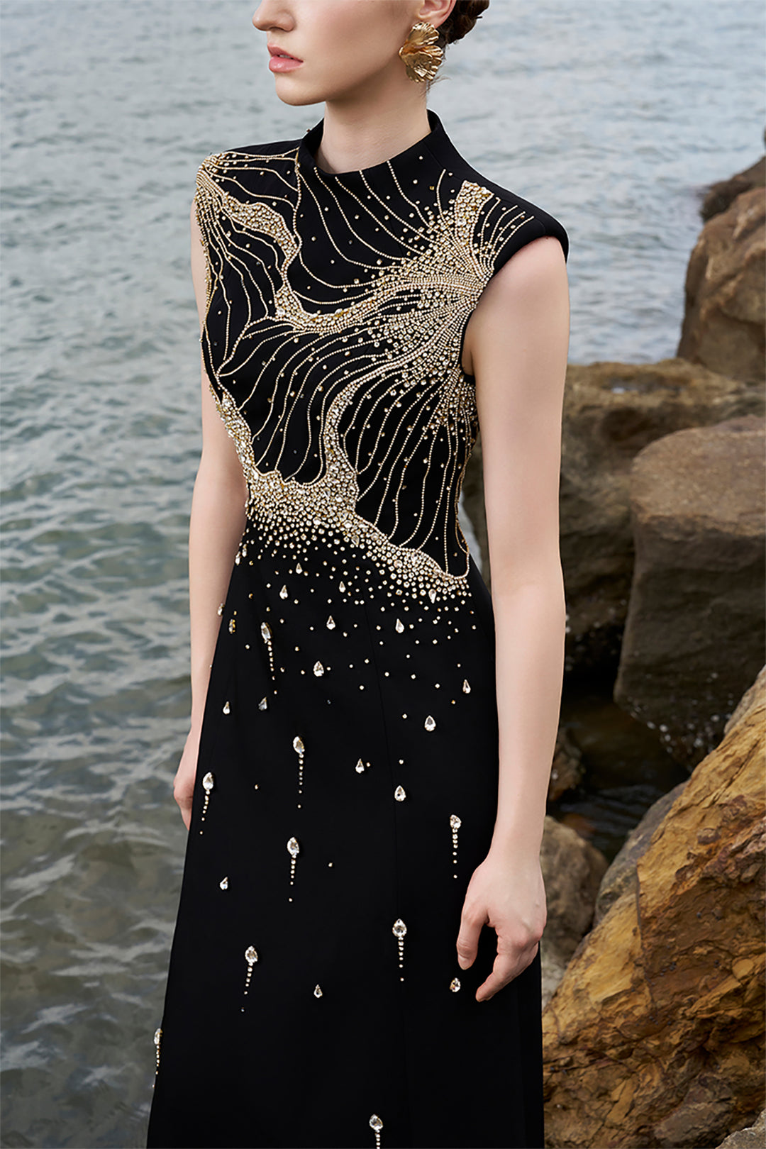 Velvet Satin Dress with Crystal Embellishments