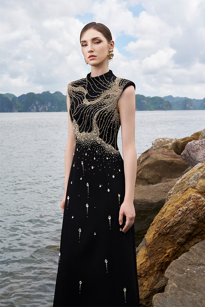 Velvet Satin Dress with Crystal Embellishments