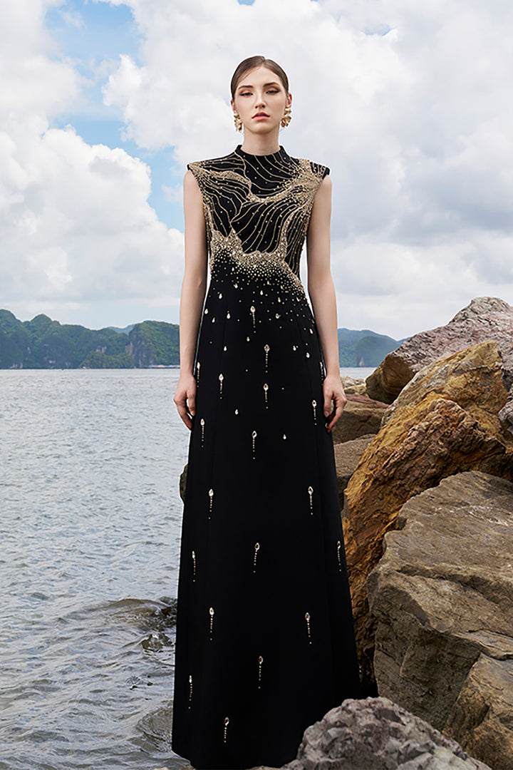 Velvet Satin Dress with Crystal Embellishments