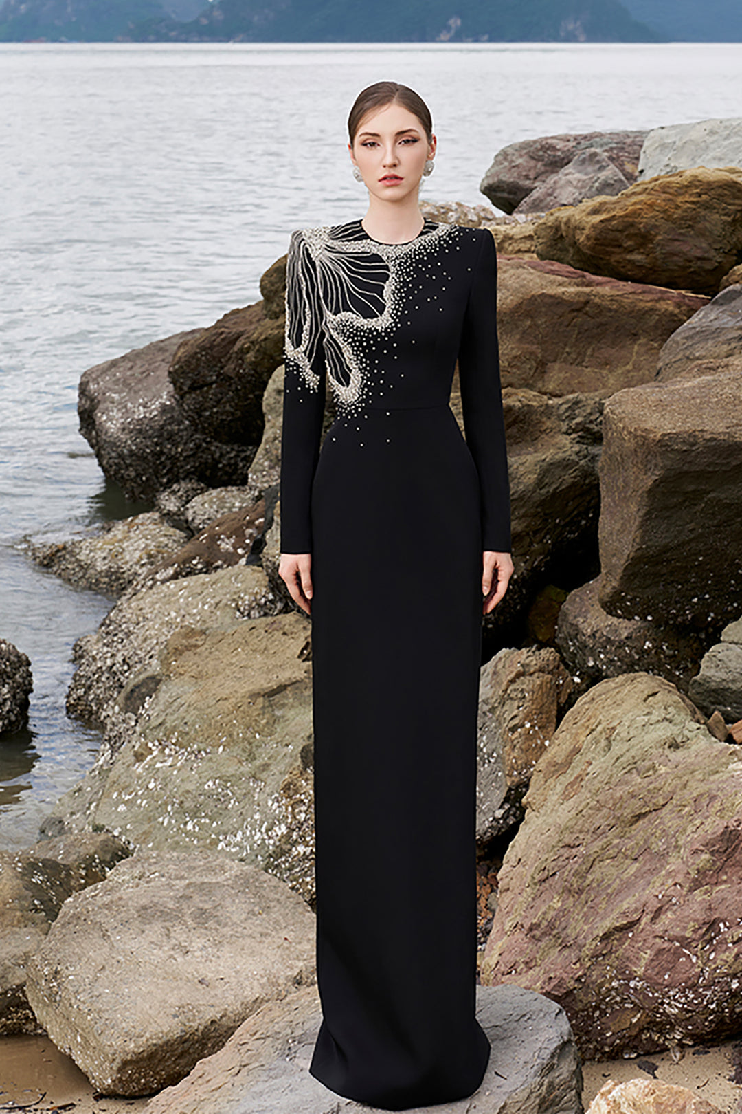 Velvet Satin Long Sleeve Dress Black / FR 48 Velvet Satin Long Sleeve Dress Black / FR 48