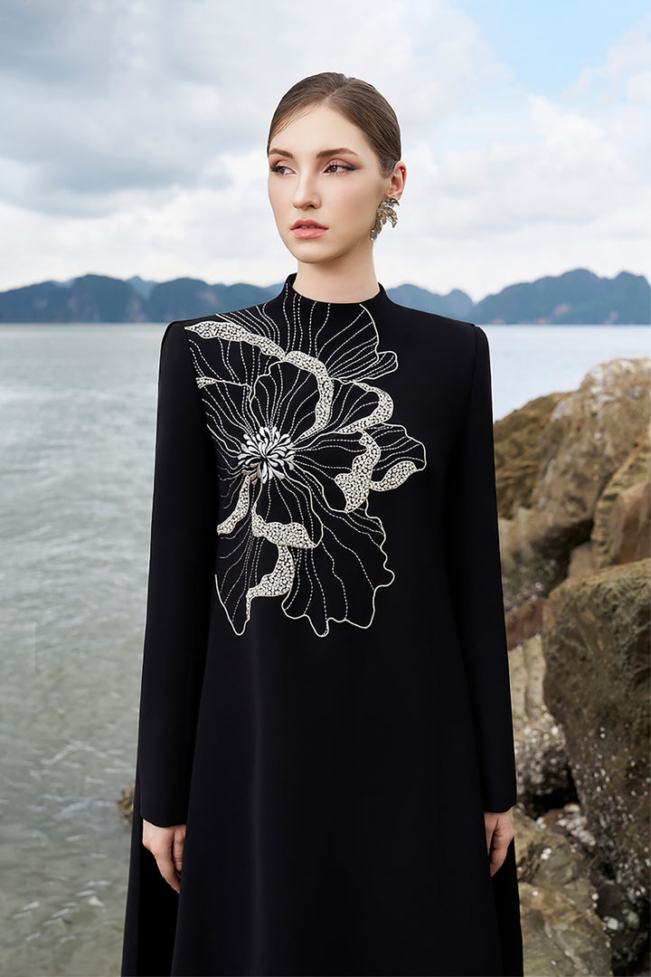 Velvet Satin Dress with Floral Crystal Details