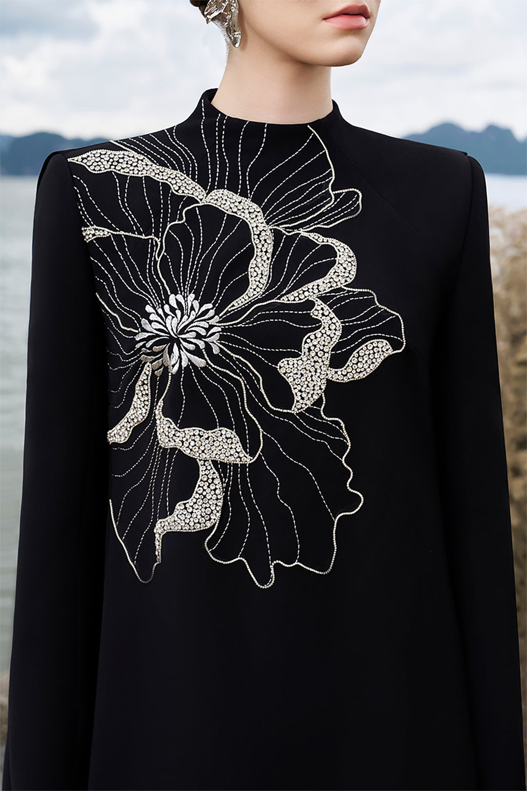 Velvet Satin Dress with Floral Crystal Details