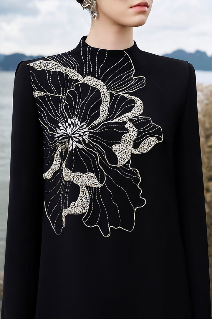 Velvet Satin Dress with Floral Crystal Details