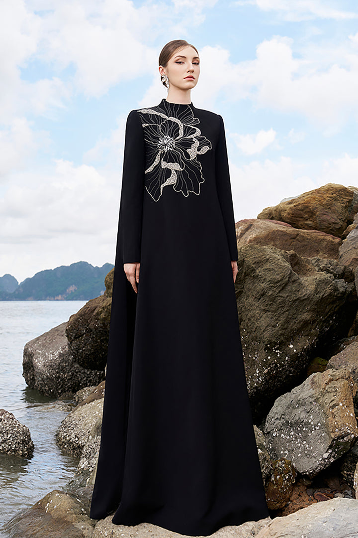 Velvet Satin Dress with Floral Crystal Details