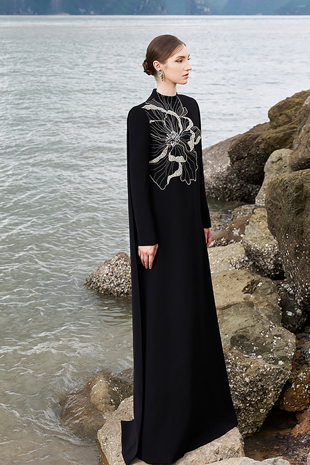 Velvet Satin Dress with Floral Crystal Details